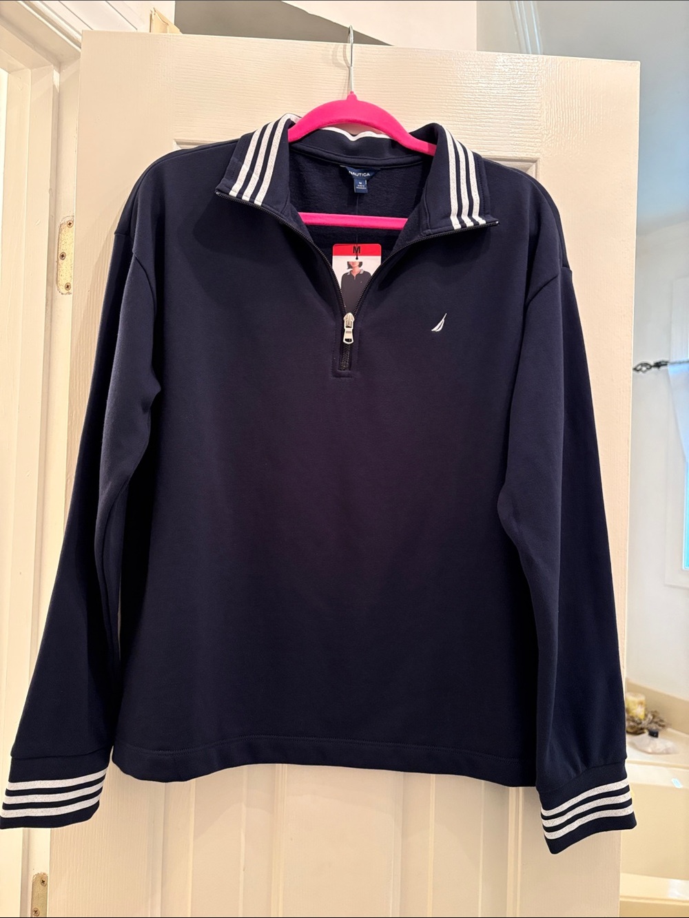 Nautica Navy Half-Zip Pullover with Striped Collar
